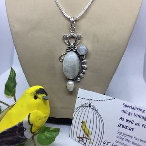 MOONSTONE & BIWA Pearl PENDANT .925 Plate NECKLACE